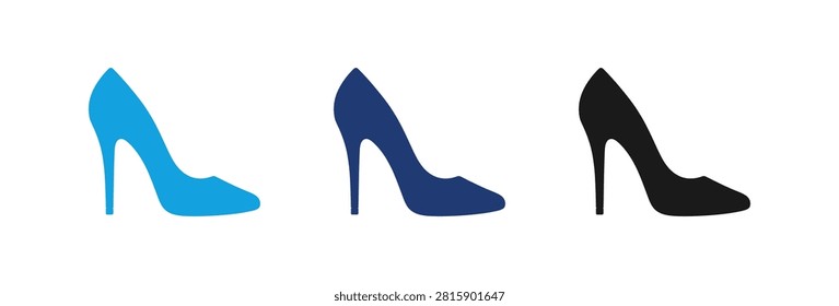 A minimalist graphic representation featuring three elegant high heel stiletto shoes in light blue dark blue and black shades on a plain background