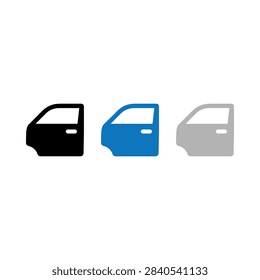 A minimalist graphic representation featuring three side view car door icons in different colors including black blue and grey for automotive design concepts