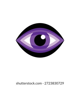 Representação gráfica minimalista de um olho humano com íris roxa e pupila negra, colocada sobre um fundo branco.