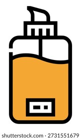 Una representación gráfica minimalista de una botella dispensadora de bomba llena de líquido naranja presentada aislada sobre un fondo transparente para un uso versátil