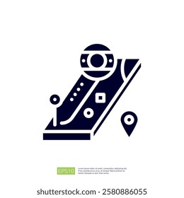 A minimalist graphic representation of a road with a location pin, depicting navigation or mapping concepts.