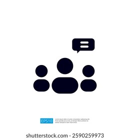 A minimalist graphic representation of three people with one speaking, symbolizing communication or discussion. Illustration icon