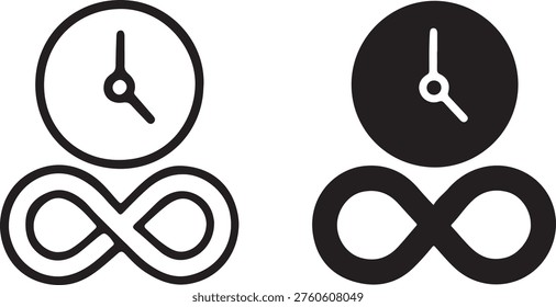 A minimalist graphic representation of two clock icons positioned above an infinity loop symbol isolated on white background, illustration