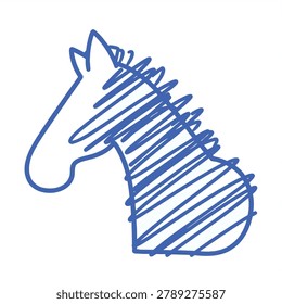 A minimalist graphic representation of a zebra head featuring a blue hand-drawn scribble texture effect isolated on a plain background