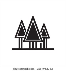 A minimalist graphic representing a cluster of three stylized trees, characterized by their triangular canopies and bold, thick trunks, set against a stark white background.