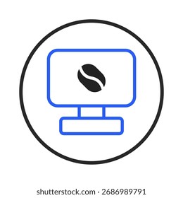 A minimalist graphic showcases a desktop computer monitor with a coffee bean symbol displayed on the screen. It represents a blend of technology and coffee culture indicating digital services or