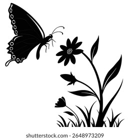 A minimalist graphic silhouette of a butterfly, rendered in a clean, modern style. This elegant insect design is presented isolated on a white background, perfect for various design applications.