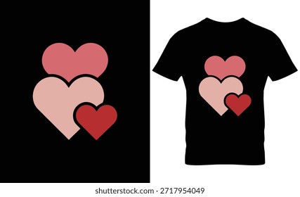 Gráfico minimalista de tres corazones superpuestos en rosa y rojo sobre camiseta negra