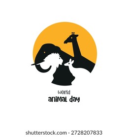 Eine minimalistische Grafik mit negativem Raum, um vier Tiere gegen eine gelbe Sonne zu zeigen. Das Design ist flach und modern, oft für Zoo-Logos oder Naturschutzsymbole verwendet, um die globale Tiervielfalt darzustellen.