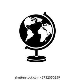 A minimalist graphic of a world globe, notable for its clean, impactful silhouette style.