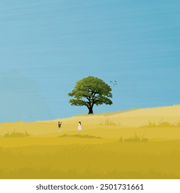 Minimalist grass field landscape and big tree in autumn season with a man taking photo to his girlfriend have blue sky square background graphic illustration.