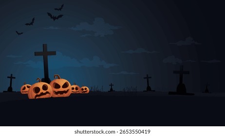 Minimalist graveyard landscape in Halloween night with pumpkins, bats and silhouette cross graphic illustration. Flyer or invitation template for Halloween party with blank space.