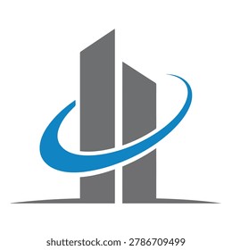Minimalist gray and blue abstract building with curved ribbon