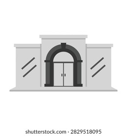 A minimalist gray building featuring a central arched doorway and symmetrical wings. Ideal for architectural, urban, and construction design projects.