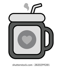 Minimalist gray icon of a hot beverage in a jar with a lid and straw. Features a heart logo on the side. Perfect for cafe menus, web design, and mobile apps.