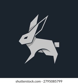 Minimalist gray rabbit icon designed with clean geometric shapes and sharp edges in a leaping pose, suitable for modern technology startups or creative creative branding.
