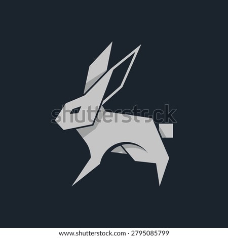 Minimalist gray rabbit icon designed with clean geometric shapes and sharp edges in a leaping pose, suitable for modern technology startups or creative creative branding.