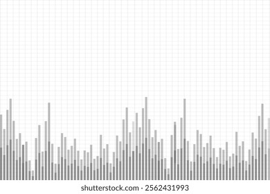 A minimalist grayscale bar graph pattern on a white grid background. The vertical bars vary in height, forming an abstract representation of data or sound waves.