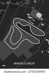 A minimalist, grayscale map of the Manfeild Circuit race track. The track itself is highlighted in a bold white outline against a darker background. Surrounding the track are representations of buildings, roads, and natural terrain, all rendered in shades of gray. The text 'MANFEILD CIRCUIT' is prominently displayed at the bottom of the image.