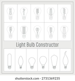 Minimalist grayscale technical poster titled “Light Bulb Constructor,” presenting interchangeable bulb envelopes and filament designs in a clean schematic grid. The composition is divided into two main sections. The upper section features a grid of light bulbs shown with dotted outer envelopes, allowing the internal filament constructions to be clearly visible. Each cell displays a different filament configuration, including spiral coils, straight vertical filaments, looped forms, crossed bundles, and clustered rod-like elements. The dotted outlines suggest transparency and interchangeability, reinforcing the idea of internal components as modular design options.