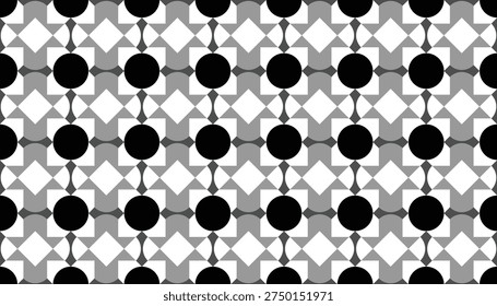 Minimalist grayscale tileable vector pattern with symmetrical circle and diamond elements.