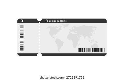 Ilustração vetorial em escala de cinza minimalista de um bilhete de embarque de avião com contorno de mapa mundial e códigos de barras em branco.