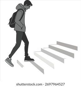 Minimalistische Graustufen-Vektorgrafik einer jungen Person mit einem Rucksack, der eine schwimmende Treppe hinaufgeht und Fortschritt, Wachstum und Entschlossenheit symbolisiert.