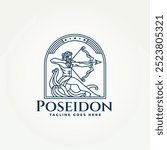 minimalist greek god poseidon line art icon badge logo vector illustration design. simple modern neptune holding bow emblem logo concept