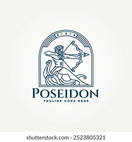 Diseño minimalista de la Ilustración vectorial del logotipo de la insignia del icono del arte de la línea de Poseidon del dios griego simple Neptuno moderno que sostiene el concepto del logotipo del emblema del arco