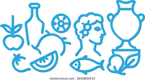 Minimalist Greek line art vector featuring symbols like grapes, fish, and apple. Perfect for vintage-style designs, educational content, culinary themes, and classic blue and white graphics.