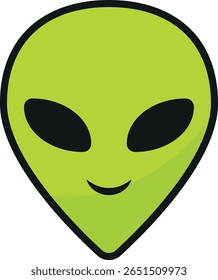 Minimalist green alien head illustration with large black almond-shaped eyes and small curved mouth, outlined in black, ideal for sci-fi themes, icons, or graphic elements