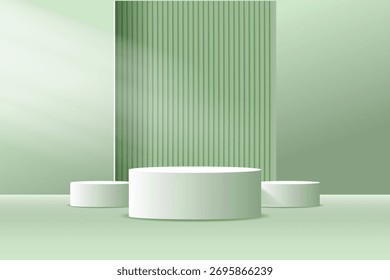 A minimalist green background with soft lighting showcases three white cylindrical podiums arranged at varying heights, positioned in front of a vertically striped green wall.
