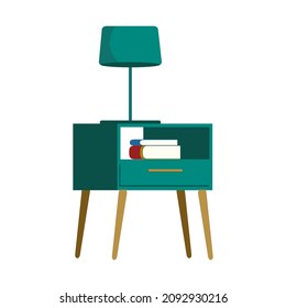 A minimalist green bedside table with space for colored leather and a green lamp placed beside it.  Vector illustration.