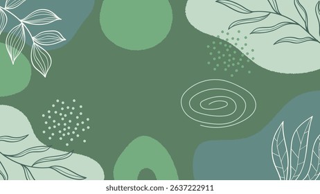 Minimalist green botanical design featuring abstract shapes and leaves with a soft color palette Vector Illustration