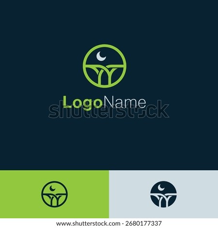 Minimalist Green Bridge and Moon Circle Logo with three different backgrounds.
