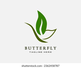 Minimalist green butterfly logo. Design vector with leaf. Elegant beauty icon for spa, cosmatic, nature.