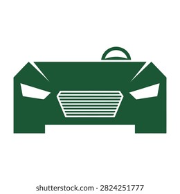 Minimalist green car icon featuring white headlights and grille on a clean white background. Simple automotive symbol for web design and mobile applications.