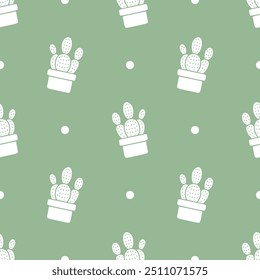 Minimalist green cartoon doodle cactus seamless pattern, Vector.