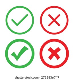 Minimalist green check mark and red cross mark icon set or Right and Wrong or Approved and Declined, Yes or no symbol set
