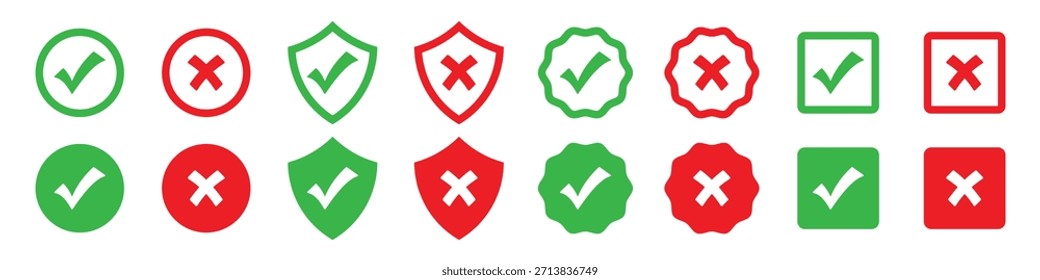 Minimalist green check mark and red cross mark icon set or Right and Wrong or Approved and Declined, Yes or no symbol set