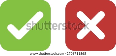Minimalist green check mark and red cross icons on rounded square backgrounds, perfect for UI design, approval indicators, error messages, and modern digital interfaces. check mark icon.