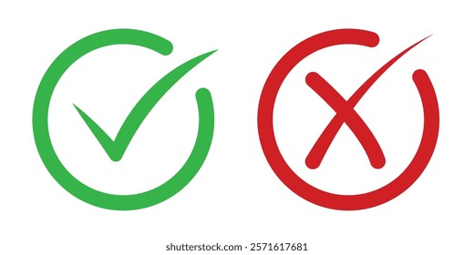 Minimalist green checkmark and red cross icons for choices, feedback, and validations. Perfect for apps, forms, and user interface design.