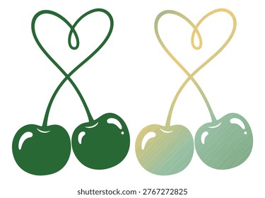 Minimalist green cherry vector illustration, heart shaped stems, flat icon, white background