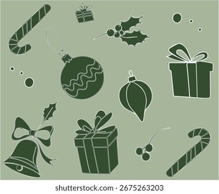 Elementos vetor de Natal verde minimalista com caixa de presente, bauble, sino, holly branch e cana de doces para padrão sem costura