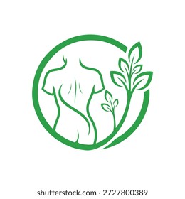 Un logotipo circular verde minimalista con la silueta de la espalda de una persona con líneas naturales que indican la columna vertebral. A la derecha, una ramita de hojas y las Pequeñas hojas emergen, simbolizando el crecimiento, la naturaleza y la curación. El diseño transmite una sensación de bienestar holístico, alineación de la columna vertebral y soluciones de salud natural.