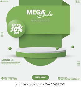 Minimalist Green color 3D Podium Design with New Collection Sale Template. Creative Promotional Poster with Discount Badge and Product Stage. Sale Event Product Display with Podium. 