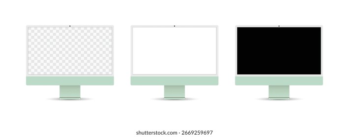 Minimalist Green computer monitor mockup set with transparent, white, and black screens, perfect for digital product display, branding, and web design presentations.