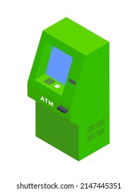 Minimalist green electronic ATM for banking financial service 3d icon isometric vector illustration. Portable technology machine bank office display buttons commercial business currency terminal