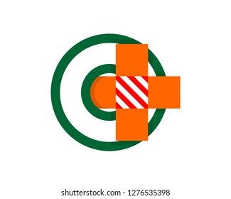 minimalist green font alphabet typography with orange medical plus