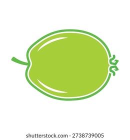 A minimalist green fruit illustration with a stem attached to the side and leaves on the right